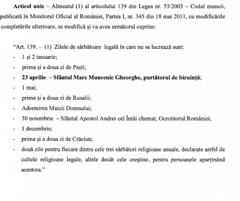 Proiect de lege care stabileste o noua zi libera pentru romani